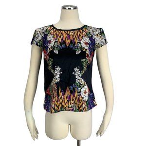 Nicole Miller Small Floral Blouse Black Career Back Zipper Modern